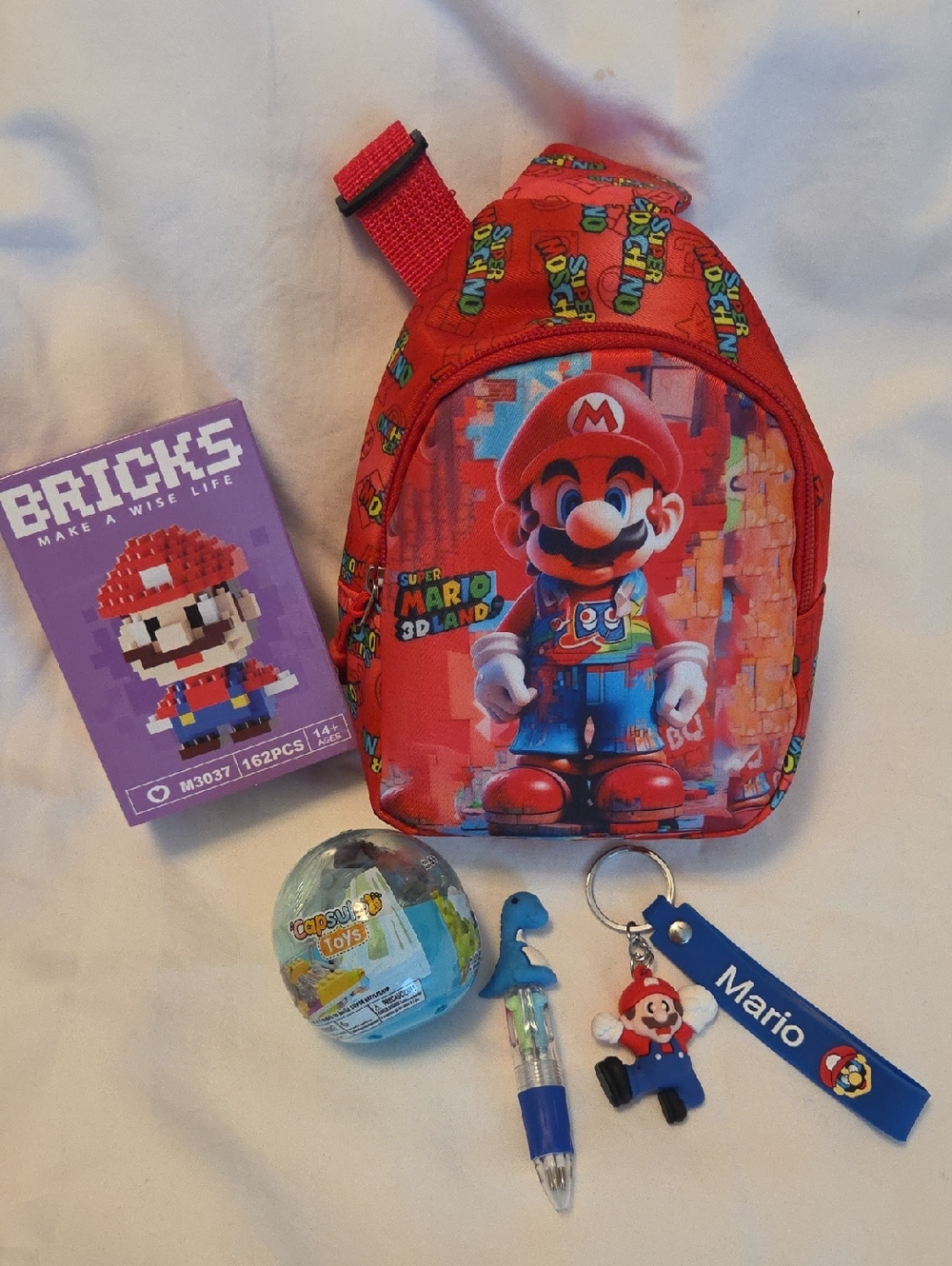 All 5 Items- Red Super Mario Kids Sling Backpack with Mario Keychain - Kids Toys